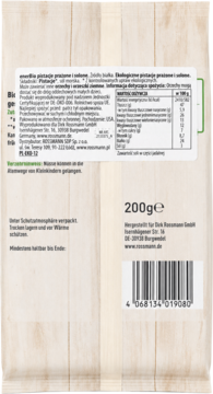 Tył opakowania 200g ekologicznych, solonych pistacji z tabelą wartości odżywczych i kodem kreskowym.