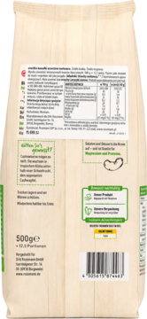 Tył opakowania orzechów nerkowca Rossmann 500g, z tabelą wartości odżywczych i logo zrównoważonego produktu.