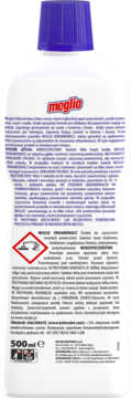 Tył białej butelki Meglio Odkamieniacz 500ml z fioletową zakrętką. Widoczne instrukcje użycia, skład i symbol ostrzegawczy.