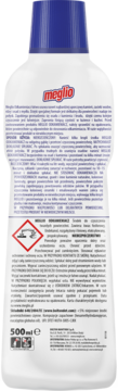 Tył białej butelki Meglio Odkamieniacz 500ml z niebieską nakrętką i etykietą z ostrzeżeniami.