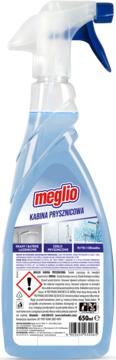 MEGLIO Kabina prysznicowa, niebieski płyn w przezroczystej butelce ze spryskiwaczem, widok z przodu, lekko pod kątem.