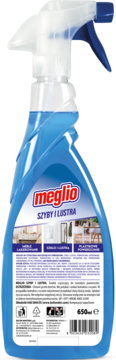 Meglio Szyby i Lustra, niebieski płyn do czyszczenia szyb, luster i powierzchni, butelka 650ml, przód.