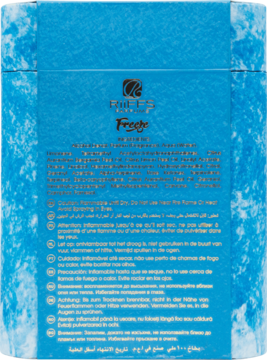 Tył niebieskiego opakowania REBELS Fresh z lodowym wzorem, tekstem informacyjnym i nutami mięty i imbiru.