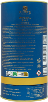 Tył niebieskiego sprayu Ruffs Imperial Blue, ze składnikami zapachowymi: jabłko, cytryna, geranium, cedr.