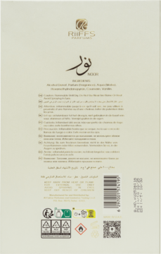 Tył kremowego opakowania perfum Riiffs Noon z arabskim napisem, listą składników i symbolami ostrzegawczymi.