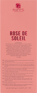 RiiFFS PARFUMS ROSE DE SOLEIL, tylna strona różowego pudełka perfum z listą składników i ostrzeżeniami.