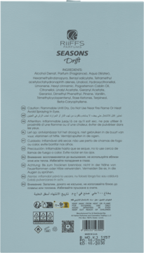 Tył jasnoniebieskiego pudełka perfum RiiFFS SEASONS Drift, widoczna lista składników i ostrzeżenia.
