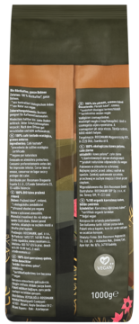 Tył ciemnozielonej torby z bio kawą organiczną Arabica 1000g, z napisami i logo Vegan na brązowym tle.