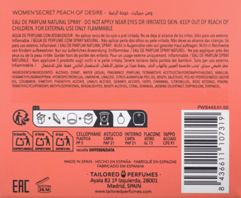 Tył brzoskwiniowego opakowania wody perfumowanej Women'Secret Peach of Desire 100ml z listą składników i kodem kreskowym.