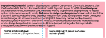 Tył opakowania kuli do kąpieli Czyściochowo Zapach malinowy, z widoczną listą składników i instrukcją użycia na różowym tle.