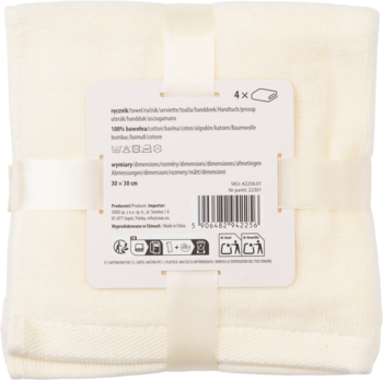Zestaw 4 kremowych myjek 30x30 cm z 100% bawełny frotte dla niemowląt, widok z tyłu opakowania z etykietą.