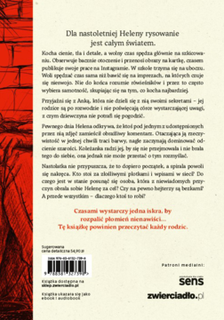 Tył okładki książki o nastoletniej Helenie, białej z czerwonym wzorem. Widoczny blurb, ISBN i logo wydawcy sens.