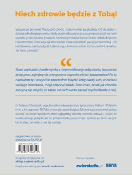 Tylna okładka książki „Niech zdrowie będzie z Tobą!”, szara z pomarańczowym tytułem, cytatem i informacjami o autorze.