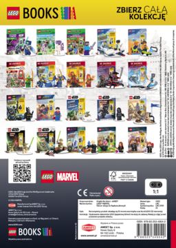 Tylna okładka katalogu LEGO BOOKS 'ZBIERZ CAŁĄ KOLEKCJĘ', z 15 książkami Marvel, Minecraft, Star Wars, Harry Potter. Logo CE.