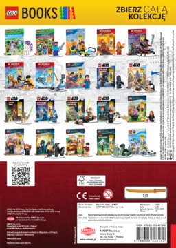 Tylna okładka książki LEGO NINJAGO promująca kolekcję LEGO BOOKS, z kodem QR i szczegółami produktu.