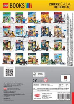 Tylna okładka książki LEGO Grogu, promująca kolekcję z Minifigurką, zawierającą zagadki i komiksy.