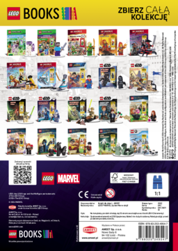 Tył okładki LEGO BOOKS: kolekcja książek, w tym o Marvel Spider-Manie. Widoczny napis "Zbierz całą kolekcję", niebieski klocek.