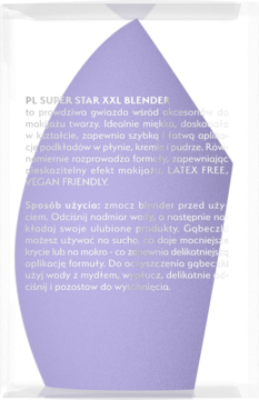 Fioletowy, liściasty blender SUPER STAR XXL do makijażu, latex free, widok z przodu z tekstem.
