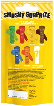 Tył żółtego opakowania NYX x M&M’S Smushy Surprize Matte Lip Balm blind box, z kolekcją 7 odcieni balsamów.
