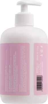 Tył butelki Swederm Hudlotion 500ml, biała z różowymi etykietami, listą składników i kodem EAN.