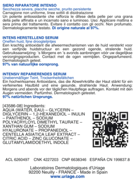 Tył butelki serum Uriage CICA DAILY, intensywnie odbudowującego, z listą składników i kodem QR.