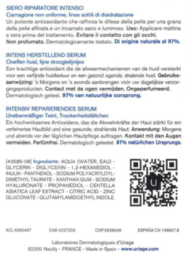 Tył etykiety serum Uriage Cica Daily z listą składników, opisem w 3 językach i kodem QR.