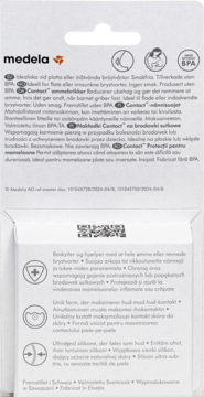 Tył białego kartonowego opakowania Medela Contact osłonek na brodawki do karmienia, z tekstem i ikonami.