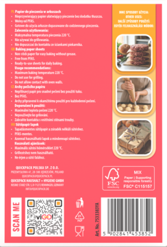 Tył różowego opakowania viGO! Papieru do pieczenia PREMIUM w arkuszach, z opisem, kodem QR i ilustracjami.