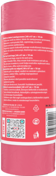 Różowe worki na śmieci o zapachu truskawkowym, tył opakowania z kodem QR i opisem produktu.