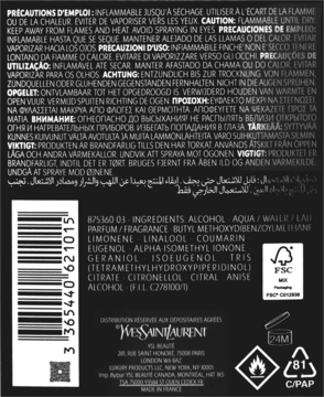 Tył opakowania perfum Yves Saint Laurent na czarnym tle. Widoczna lista składników, kod kreskowy i ostrzeżenia.