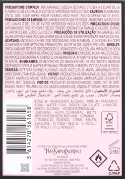 Tył różowego opakowania perfum Yves Saint Laurent z etykietą, wielojęzycznymi ostrzeżeniami i składem.