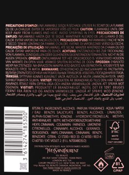 Tył czarnego opakowania perfum Yves Saint Laurent z białymi napisami, składem, kodem kreskowym i ostrzeżeniami.