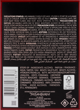 Tył opakowania perfum Yves Saint Laurent w ciemnym kartoniku, z wielojęzycznymi ostrzeżeniami i listą składników.