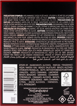 Tył czarnego opakowania wody perfumowanej YSL Black Opium Over Red z informacjami o składnikach i kodem kreskowym.