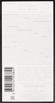 Tył czarnego kartonika perfum YSL Alcohol Free 50ml, z nadrukowanym kodem kreskowym i składem.