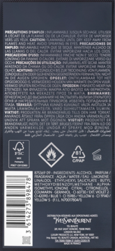 Tył czarnego opakowania perfum Yves Saint Laurent Y Intense, widoczne ostrzeżenia, składniki i symbole.