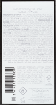 Tył opakowania perfum Yves Saint Laurent 50ml, z listą składników, ostrzeżeniami i kodem kreskowym.