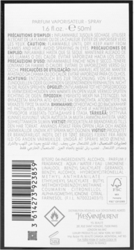 Tył opakowania perfum YSL Libre L'Absolu Platine 50ml z listą składników i ostrzeżeniami na czarnym tle.