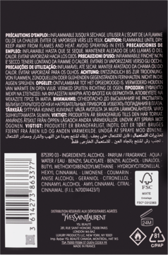 Tył opakowania zapachu Yves Saint Laurent z białymi, wielojęzycznymi ostrzeżeniami i listą składników.