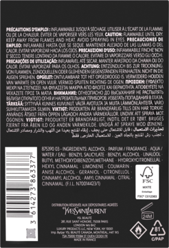 Tył czarnego opakowania perfum Yves Saint Laurent Black Opium, białe napisy, skład, kod kreskowy i ostrzeżenia.
