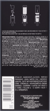 Tył opakowania perfum Yves Saint Laurent Y Eau de Parfum, czarne, z instrukcją uzupełniania, listą składników i kodem kreskowym.