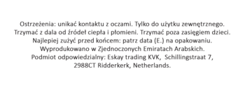 Polski tekst informacyjny na opakowaniu: ostrzeżenia, data ważności, kraj pochodzenia i dane importera (Eskay trading).