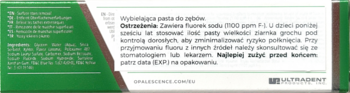 Tył opakowania Opalescence Whitening Toothpaste Original. Zielono-białe tło, polskie napisy o składzie i użyciu, zawiera fluorek sodu.