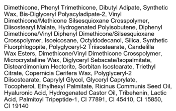 Szczegółowa lista składników kosmetyku: biały tekst na ciemnym tle, zawierająca m.in. Dimethicone i Hyaluronic Acid.