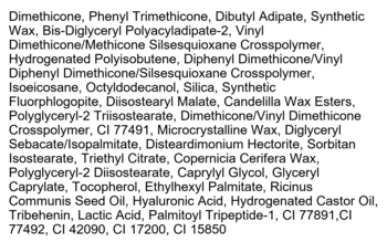 Lista składników kosmetyku, w tym Dimethicone, Hyaluronic Acid i barwniki CI 77491, CI 42090.