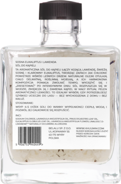 Tylny widok przezroczystej butelki soli Hhuumm Sosna, Eukaliptus, Lawenda, z widocznymi białymi solami i etykietą.
