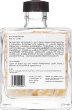 Tył szklanej butelki soli do kąpieli Hhuumm Nagietek i Jaśmin z etykietą zawierającą składniki i sposób użycia.