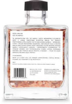 Tył opakowania soli Hhuumm Róża i Malina. Prostokątna butelka z różowymi kryształkami i płatkami róż. Etykieta z opisem.