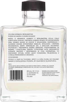 Puder do kąpieli Hhuumm Zielona Herbata i Bergamotka, tył butelki ze składnikami i instrukcją użycia.