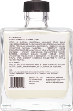 Tył szklanej butelki Puder do kąpieli Hhuumm Słodki Kokos, biała etykieta z polskim opisem i kodem.